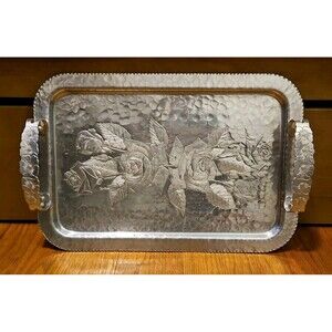 VINTAGE CONTINENTAL SILVER CO WILD ROSE BRILLIANTONE #1023 HAMMERED SERVING TRAY